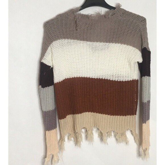 Destructed Sweater Womens  Medium Fringe Chunky Knit Striped Colorblock V-Neck - Picture 6 of 13